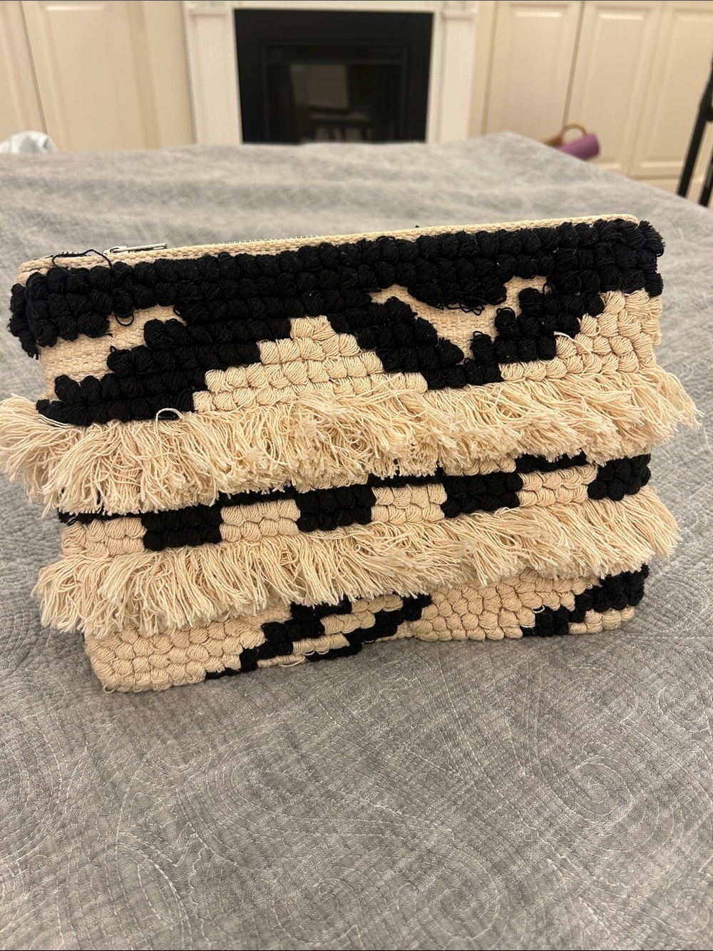 Handwoven Cotton Macrame Black and Cream Fringe Clutch